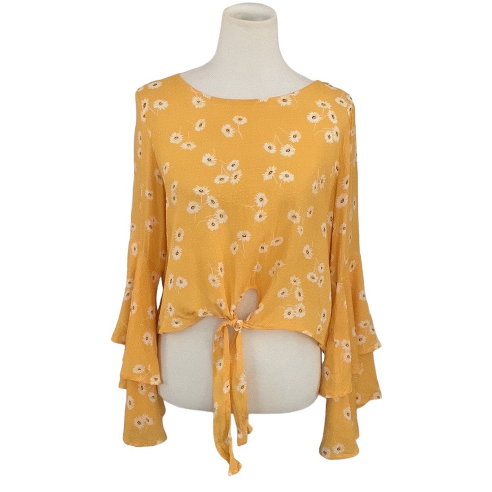 Altar’d state front tie mustard daisy double bell sleeve crop top